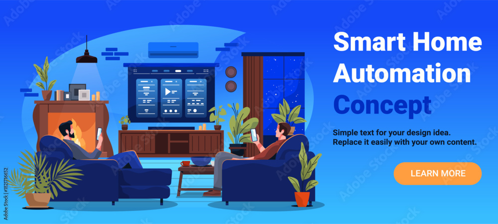 Fototapeta premium Smart home automation living room technology people using mobile devices modern interior plants fireplace night blue background website banner