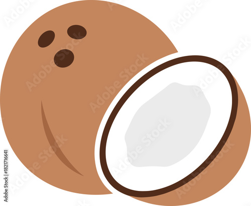 Simple cartoon style illustration showcasing a whole and a halved coconut on black backdrop