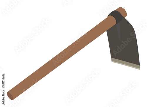 Flat vector farming hoe tool with long wooden handle