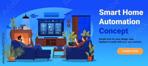 Smart home automation living room technology people using mobile devices modern interior plants fireplace night blue background website banner