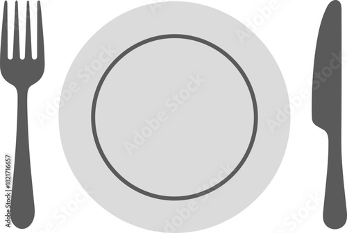 Simple flat illustration of an empty plate with a fork and knife on a black background