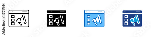Web Promotion Multiple Style Icon Design Vector - browser window with a megaphone symbol representing online promotion, announcements, and digital outreach