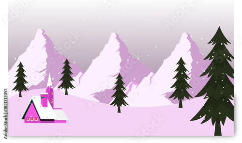 Winter Wonderland A serene landscape depicting snow-covered mountains, evergreen trees, and a charming church, perfect for seasonal designs