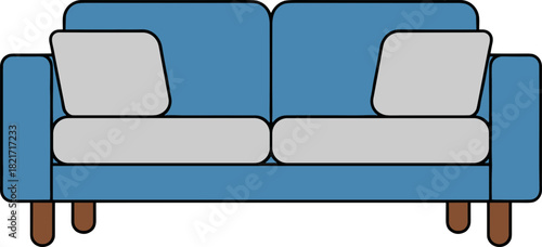 Stylized blue couch illustration with grey cushions in a modern graphic design style