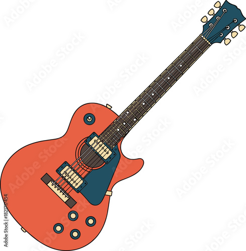 Stylized guitar illustration in vibrant orange and blue hues against a black background provides a