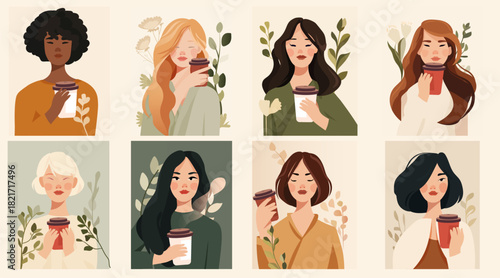 Women drinking coffee lifestyle diverse female portraits holding takeaway cups surrounded by leaves modern flat design warm neutral colors
