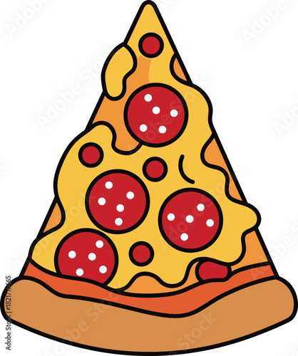 Stylized pizza slice illustration featuring pepperoni on a black background with vibrant colors