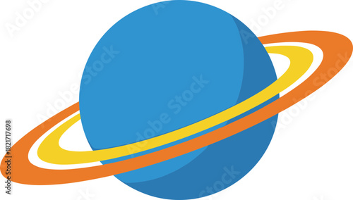 Stylized planet illustration with prominent rings on dark background visual element