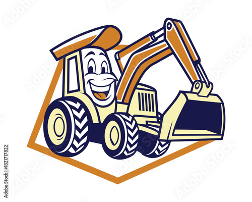 A cheerful cartoon backhoe loader with a wide grin and expressive eyes, depicted in a playful, illustrated style