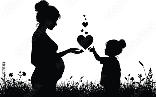 Black Silhouette Vector of Pregnant Mother and Little Child Exchanging Love in a Grassy Field on White Background.