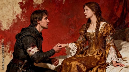 romantic medieval fantasy illustration of a noblewoman and a wounded knight