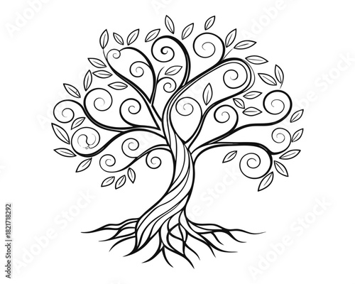 A stylized, hand-drawn black and white illustration of a tree with intricate swirling branches, delicate leaves, and exposed roots