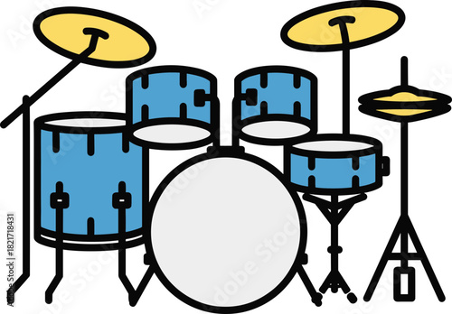 Vibrant drum kit illustration featuring blue drums and yellow cymbals on black background