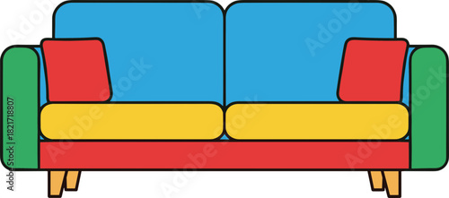 Whimsical vector illustration of a vibrant colorful sofa against a dark backdrop