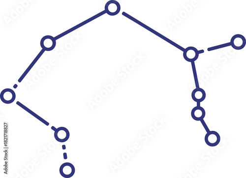 A celestial map with interconnected dots against a stark black backdrop depicting star patterns