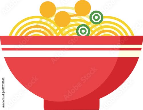 A delicious bowl of colorful ramen noodles with broth, toppings, presented in modern graphic style