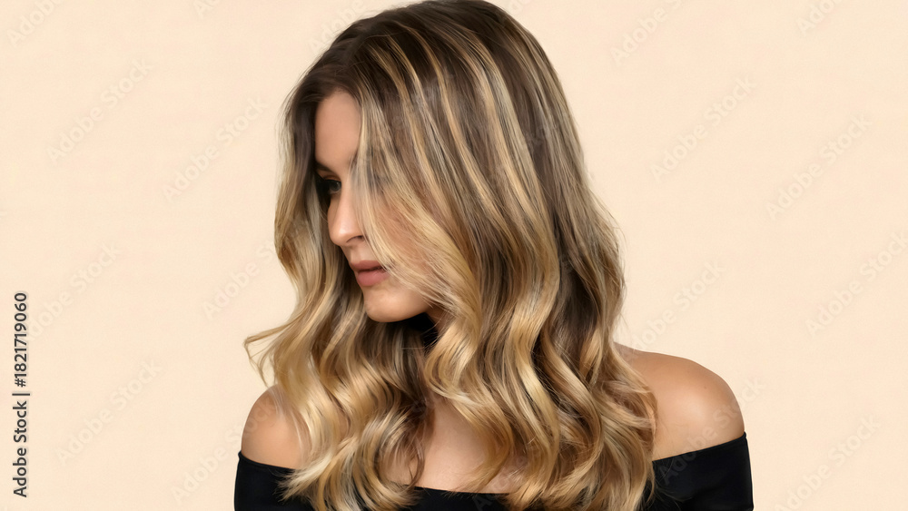 Fototapeta premium Stunning woman with flowing ombre hair showcasing salon-perfect style and radiant beauty in a soft studio setting