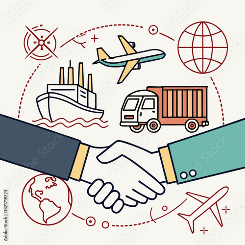 Business handshake symbolizing global logistics and transportation network agreement with various transport modes