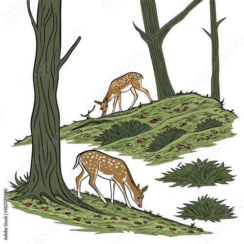 Two spotted deer grazing peacefully in a lush green forest with fallen leaves and trees