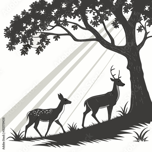 Two deer one adult buck and a fawn walk through a sunlit forest under a large oak tree