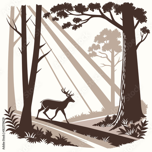 Majestic stag walking through a sunlit forest with rays of light shining through trees