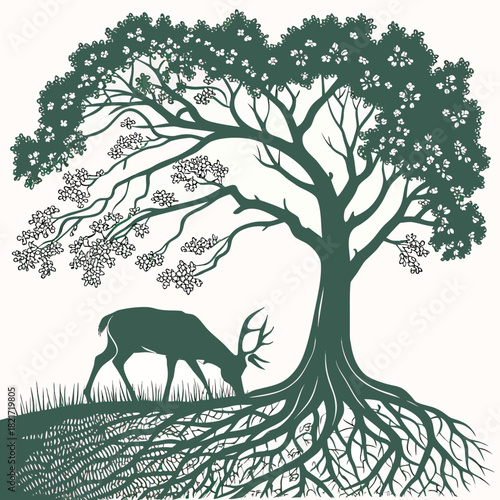 Majestic silhouette of a deer grazing beneath a flourishing tree with intricate roots and blossoms