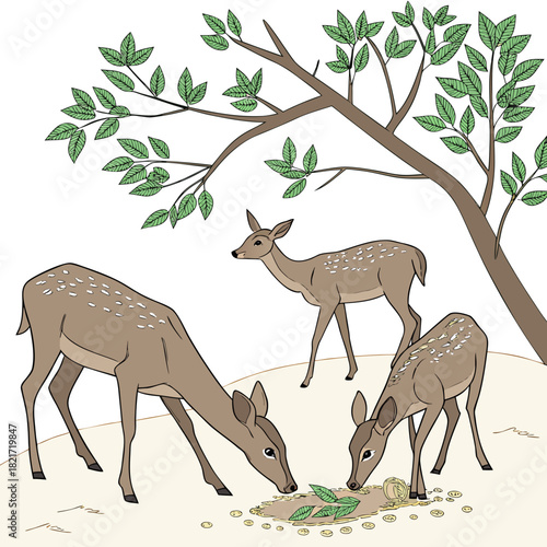 Three spotted deer grazing on leaves and grass under a leafy tree in a natural outdoor environment
