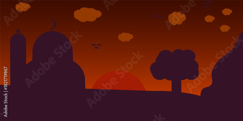  Landscape, sunset scene in nature with mountains and forest, silhouettes of trees and hills in the evening