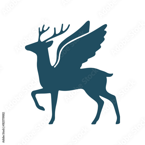 Mystical winged deer silhouette symbol evoking fantasy and ancient woodland legends, a graceful concept icon for magical themes and mythical creature designs