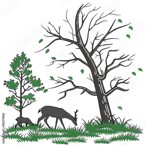 Two deer grazing in a grassy field near a leafy tree and a bare tree with falling leaves