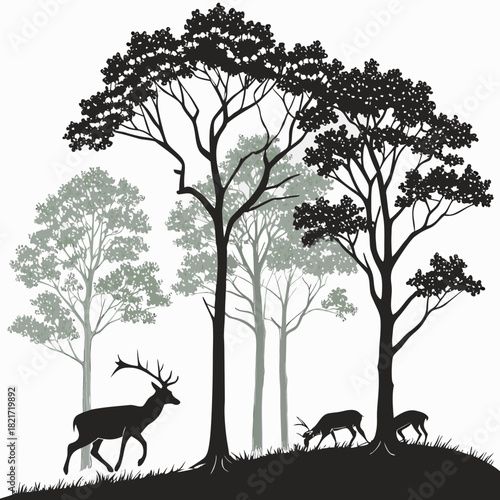 Silhouettes of deer grazing and walking among stylized trees on a grassy hill in monochrome