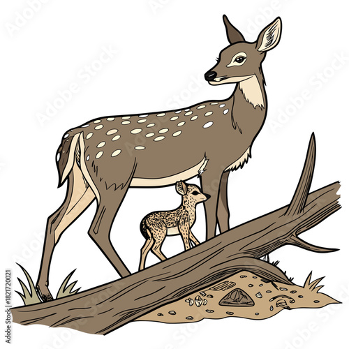 A mother deer with spots stands protectively over her spotted fawn near a fallen tree trunk in a grassy area