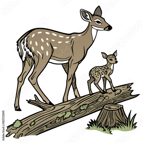 A mother deer and her spotted fawn standing on a fallen log in a forest clearing with a tree stump