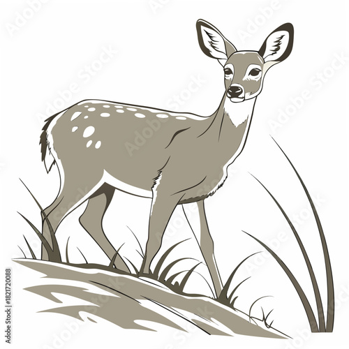 A charming illustration of a young fawn standing alertly in a grassy field with a white background