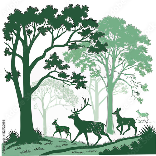 A herd of deer gracefully walks through a lush green forest with large trees and dappled sunlight