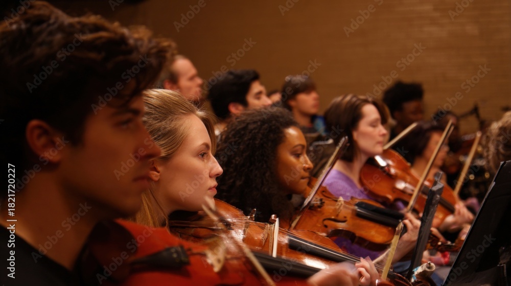 Fototapeta premium Group of young musicians playing violins in an orchestra. they are sitting in rows of chairs and are facing the audience.