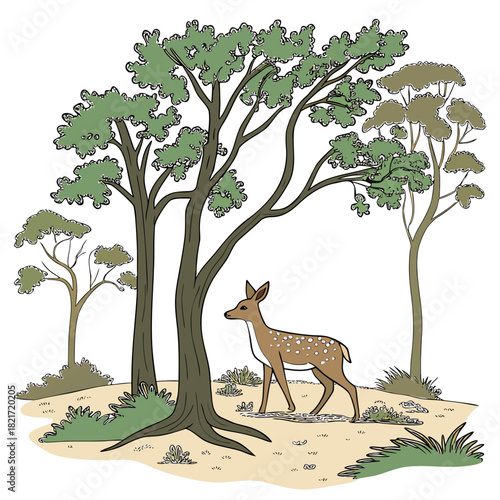 A young spotted deer stands peacefully in a sunlit forest clearing surrounded by trees and foliage