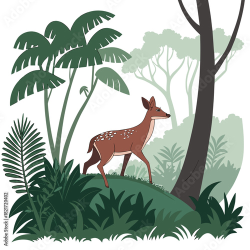A spotted fawn walks through a lush green forest with large palm leaves and tall trees