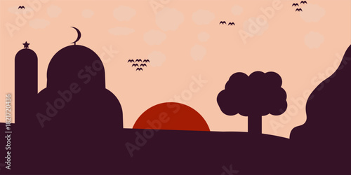  Landscape, sunset scene in nature with mountains and forest, silhouettes of trees and hills in the evening