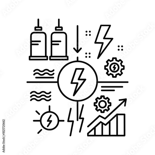Black line icon representing energy production process and growth