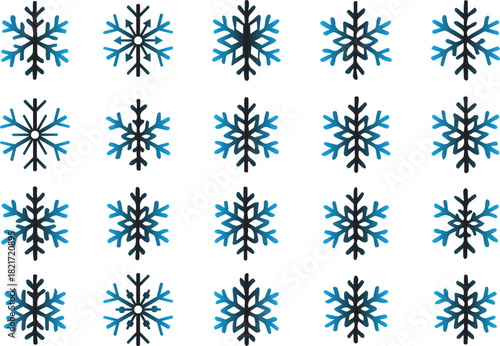 Collection of twenty different snowflake icons in a grid pattern, perfect for winter holiday design elements, isolated on white background