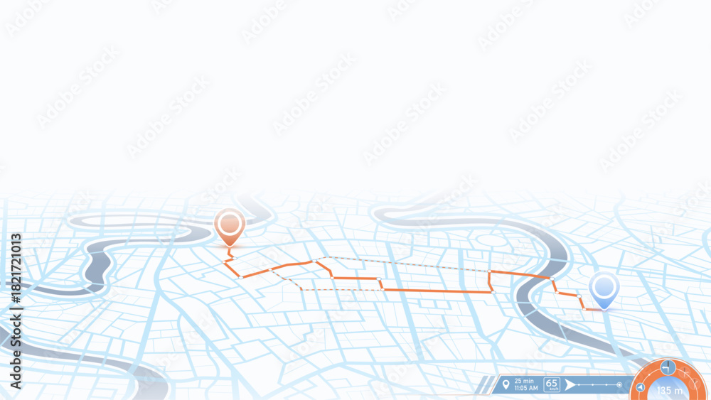 Obraz premium Route map navigation GPS city street two pins river orange dotted path perspective view digital interface. Vector illustration.