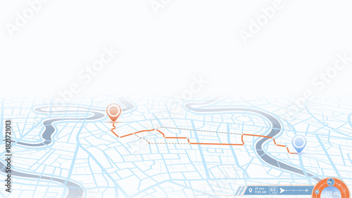 Route map navigation GPS city street two pins river orange dotted path perspective view digital interface. Vector illustration.