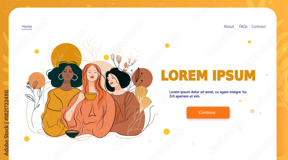 Fototapeta premium Women friendship relaxation tea nature abstract plants diverse group warm colors modern website landing page