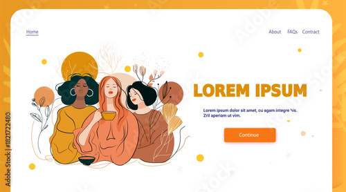 Women friendship relaxation tea nature abstract plants diverse group warm colors modern website landing page