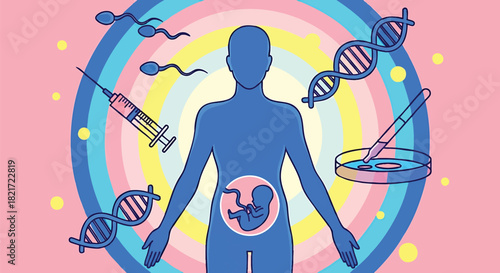 Assisted Reproductive Technology Depicting Fertilization and Fetal Development with Colorful Background Showing the Scientific Process of Creating New Life Through Advanced Medical Methods