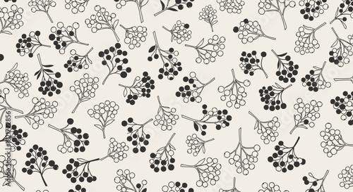 Seamless pattern with stylized black and outlined berry clusters and leaves on a light background, botanical illustration.