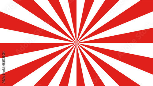 Vintage circus poster background with radial sunburst rays in red and white. Retro carnival starburst pattern with striped texture for festive design projects.