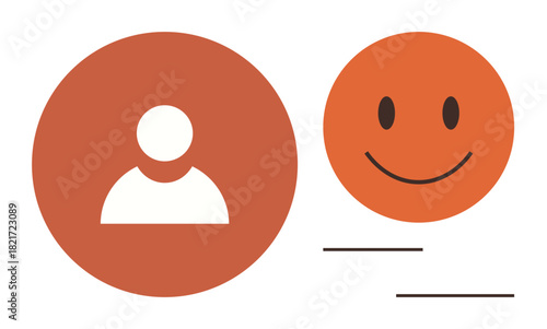 Circle with user profile icon paired with an orange smiling face. Ideal for feedback, user experience, profiles, communication, testimonials, positivity, digital apps. Simple flat metaphor