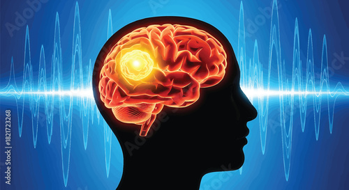 Brain Activity and Neural Transmission Concept Illustrating Neurological Processes and Cognitive Function within a Human Head with Visualizations of Electrical Impulses